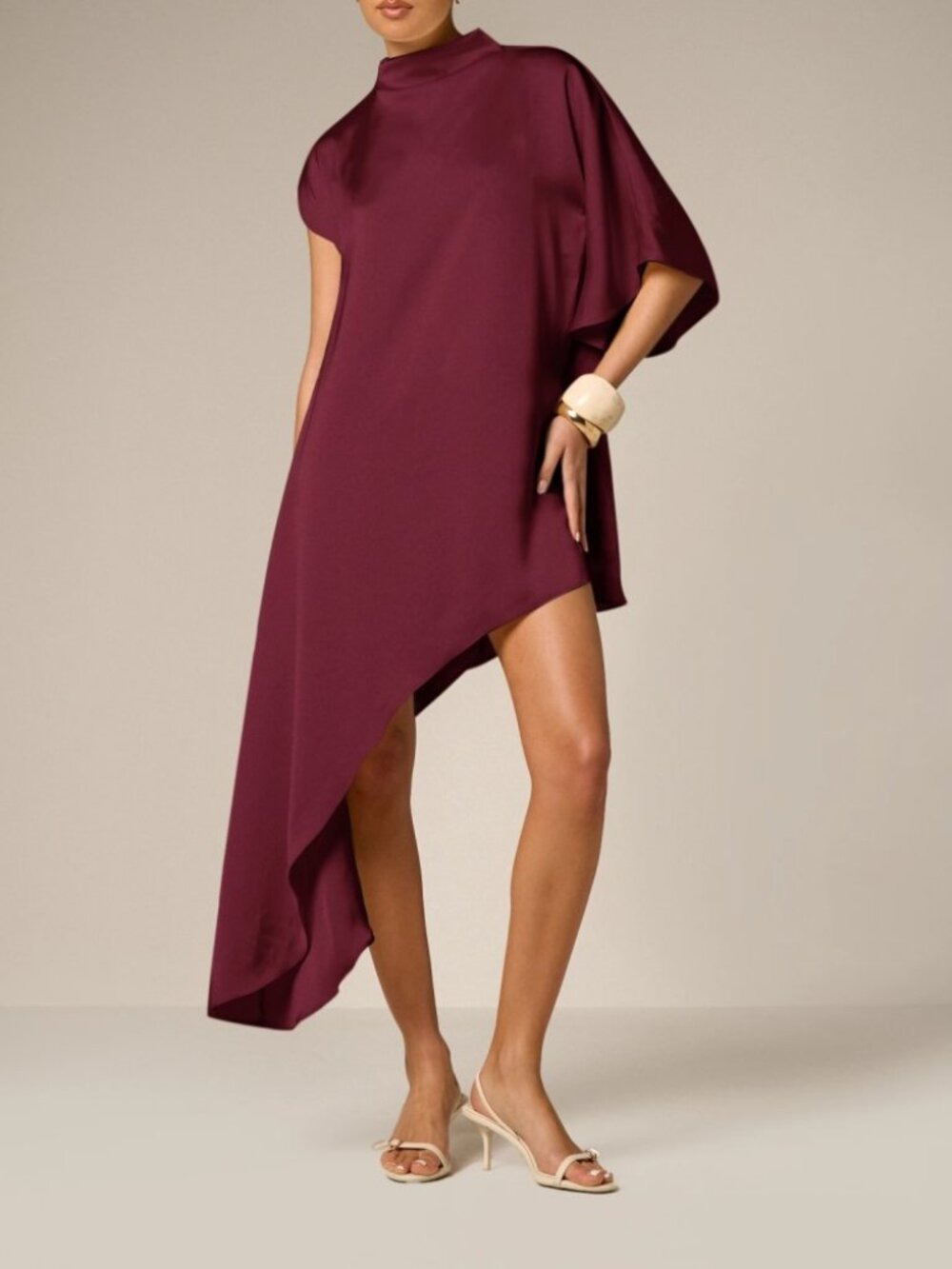 Burgundy Satin High Neck Asymmetric Hem Cape Poncho Mini Dress